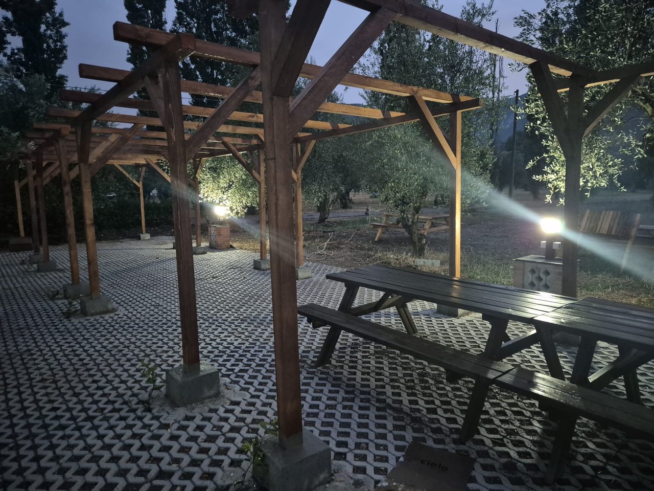 Tavoli in legno con barbecue all'ombra degli ulivi a Le Terre di Polidoro